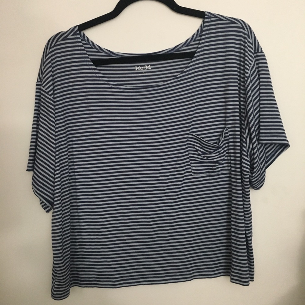 NWOT blue on blue striped semi cropped pocket tee